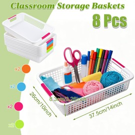 Xvvirnt 8 Pack Classroom Storage Baskets,Paper Trays for Classroom, Plastic Storage Basket with Handle, Turn in Trays for Library, Office Desk Drawer, Home(14''x10''x3'')