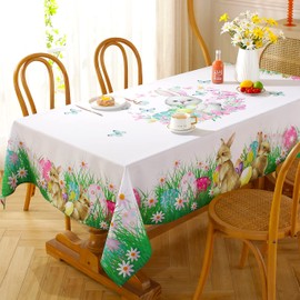 Easter Rectangle Tablecloth, Spring Floral and Bunny Table Cloths Dust-Proof Wrinkle Resistant Polyester Table Cover for Decoration Holiday Kitchen Dinning Tabletop(60"x102")