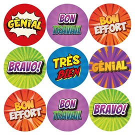 Classroom Stickers 144 Comic French Reward Stickers, Multicolor, Glossy, Indoor Use, Superhero, Cartoon Style, Sticker Sheet