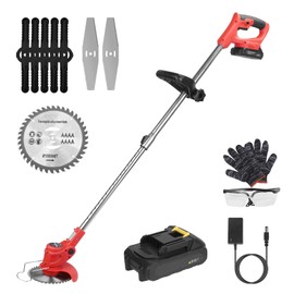 KOCASO Electric Cordless Lawn Trimmer Weed Wacker，Rechargeable Lawn Mower Weed Cutter with Alloy Saw Blade 2 Alloy Blades 5 Plastic Blades 2 Rechargeable Power Sources Goggles Gloves Auxiliary Handle