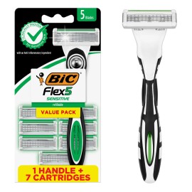 BIC Flex 5 Sensitive Refillable Razor, 1 Handle and 7 Cartridges of Men's Razors