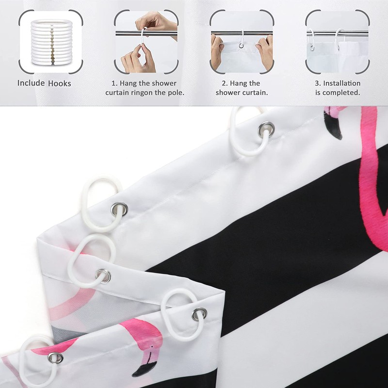 GCIREC Flamingo Shower Curtain, Black White Stripe with Hot Pink