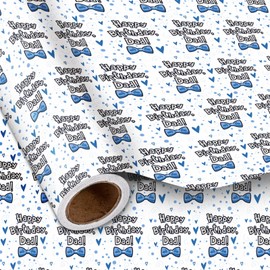 LeZakaa Dad's Birthday Wrapping Paper Roll, Happy Birthday Dad Lettering & Blue Bow Tie Design Gift Wrap for Father's Birthday, Father’s Day，for Men, Male, Mini Roll, 17 inches x 16.4 Feet