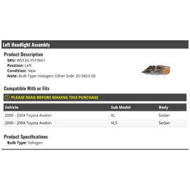 Left Driver Side Halogen Headlight Assembly - Compatible with 2000-2004 Toyota Avalon Sedan XL/XLS