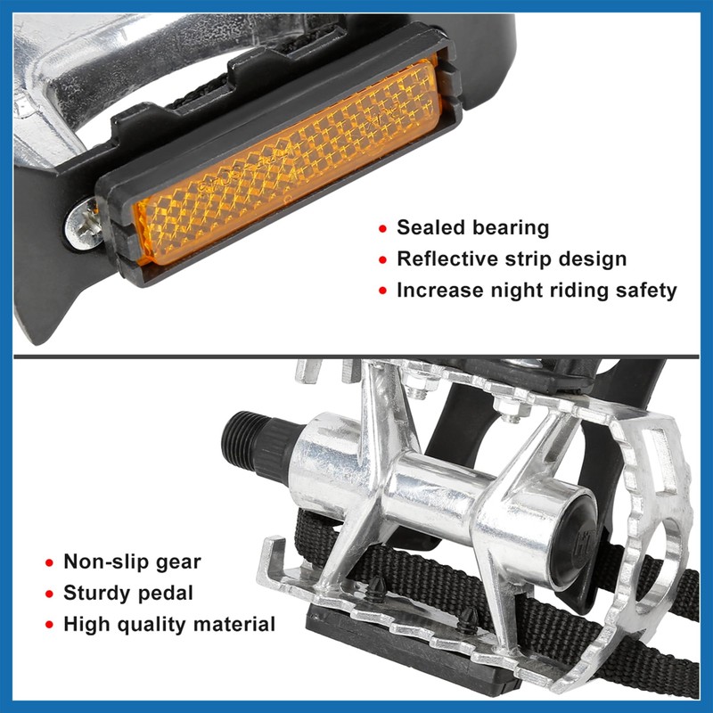 A ABSOPRO Pair Bicycle Pedals with Toe Clip Foot Strap
