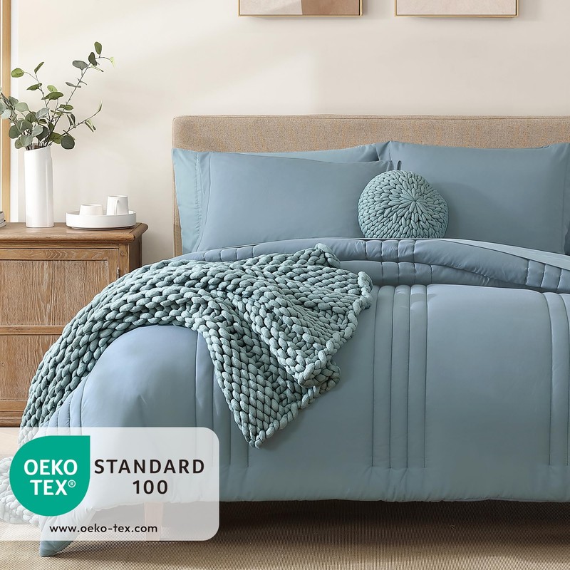 Monbix Full Comforter Set - 7 Pieces Dusty Blue Bed