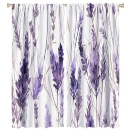 Lavender Flower Curtain Watercolor Purple Floral Pattern Blackout Print Rod Pocket Window Drapes for Bedroom Living Room 42x45in