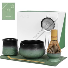 ZENS Matcha Whisk Set, 7pcs Matcha Kit Set with Ceramic Bowl and Matcha Cup, Bamboo Whisk & (Chasen Holder) Sifter, Scoop -Tea Towel, Japanese Chawan for Matcha-Making, Sage Green