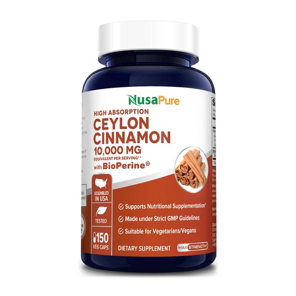 NusaPure Ceylon Cinnamon 10,000mg Per Caps | 150 Veggie Capsules | Non-GMO, Gluten-Free, Vegan with Bioperine