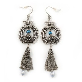 Floral Freshwater Pearl, Tassel Drop Earrings In Aged Silver Tone - 85mm Length