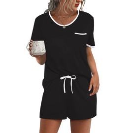 Ekouaer Pajama Set for Women 2 Piece Lounge Set Short Sleeve Tops and Shorts Comfy Sleepwear, Chest Pocket Black