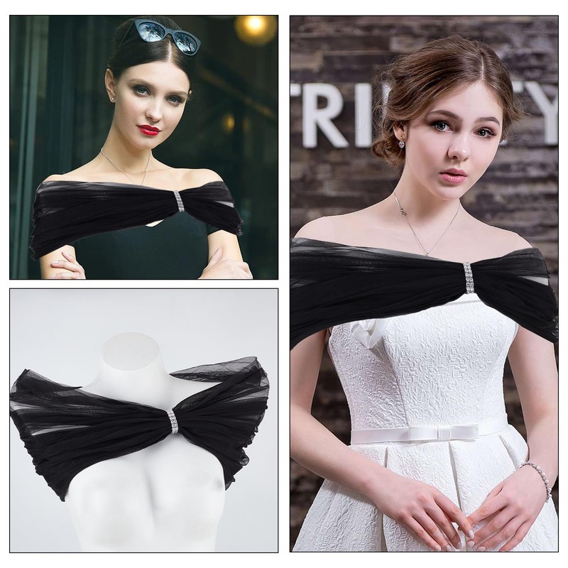NICENEEDED Bridal Detachable Tulle Shawl, Black Wedding Strapes Puffy Dress