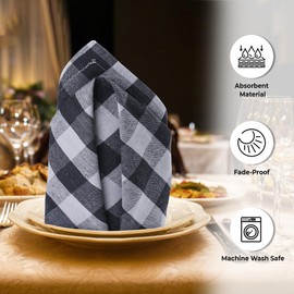 Urban Villa Cotton Dinner Napkins Set of 12, Highly Absorbent Soft Premium Cloth Napkins 20x20 Inches, Hotel Quality Reusable & Washable Table Dinner Napkins for Home - (Grey/Black, Buffalo Checkerd)