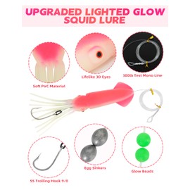 BLUEWING Upgraded Lighted Glow Squid Lure 12in Fishing Water Activate LED Dual-End Flashing Lights with SS Trolling Hook and 300lb Mono Line Deep Drop Flasher Up to 150h Pink-Red