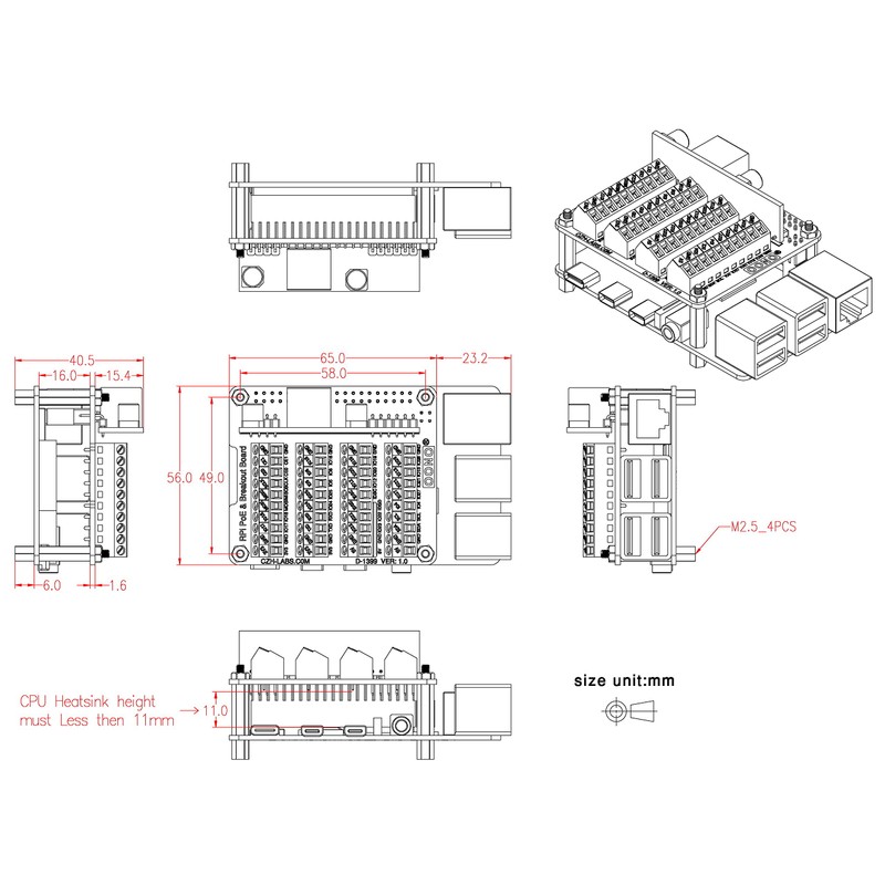 RPi PoE & Terminal Block GPIO Breakout Board Module for