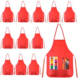 KUUQA 12 Pack Kids Art Apron with Two Pockets Children Painting Aprons Art Smocks Bulk for Craft Home Kitchen Classroom Painting Supplies (Red)