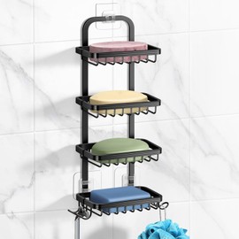 4 Tier Soap Bar Holder for Shower, Aluminum Wall Mounted Rustproof Soap Holder with 4 Hooks and Razor Holder, Shower Rack Soap Tray Bar Soap for Bathroom Accessories Organizer Black