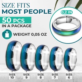 PIKTIME 50Pcs Mood Rings for Women - Mood Rings Bulk 6-10 Size Pack Adult Mood Ring Color Change Rings - Color Change Ring Men's