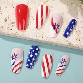 Independence Day Press on Nails Medium Ballet Shaped Stars Stripes Pattern Design 4th July Full Cover Glossy Patriotic Acrylic Fake Nail Artificial Glossy Stick on Nails for Women 4th of July 24Pcs