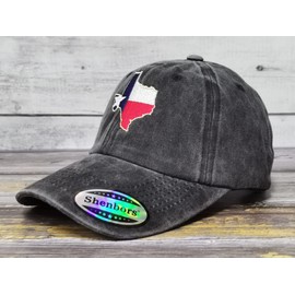 Shenbors Embroidered Texas Flag Hat for Men Women, Washed Black TX States Map Shape Baseball Cap, Embroidery Adjustable Dad Hat Unisex