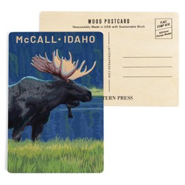McCall, Idaho, Moose in the Moonlight (4x6 Birch Wood Postcards, 2-Pack Stationary, Rustic Home Wall Decor)