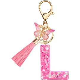 Llavero con letra inicial para mujeres y niñas, diseño de mariposas con borla y bonito llavero para portafolios y mochila