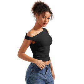 SUUKSESS Women Off Shoulder Tops Sleeveless Shirts Y2K Trendy Going Out Crop Tank Top (Solid Black,L)