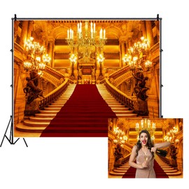 Renaiss 10x8ft Golden Luxurious Palace Backdrop Red Carpet Castle Luxury Interior Staircase Stairs Chandelier Royal Building Photography Background for Wedding Birthday Party Decor Photo Booth Props