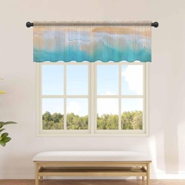Turquoise Ocean Valance Curtains for Kitchen/Living Room/Bathroom/Bedroom Window,Rod Pocket Small Topper Half Short Window Curtains Voile Sheer Scarf, Nautical Coastal Seaside Wave Smear Art 42"x12"