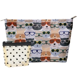 Lemsdee Makeup Bag for Purse Animal Cosmetic Travel Bag - Portable Aesthetic Makeup Pouch Organizer Zipper Canvas Small Make Up Bags Large Toiletry Purse for Women Girls Traveling, Cat Multicolor