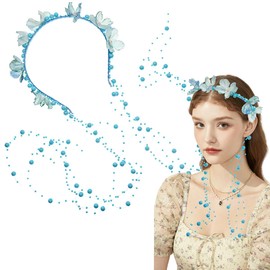 Blue Flower Headband Bohemian Flower Headpiece Adjustable Fairy Floral Crown Bride Wedding Garland Headpiece Pearls Elegant Decoration Headdress Non Slip Head Band for Women Girls