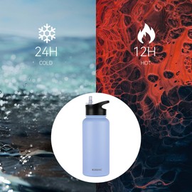 MURBONE Insulated Water Bottle, 1L Stainless Steel Drink Flask with Straw, BPA Free, 2 Lids (Straw Lid and Spout Lid), Leakproof Double Walled Vacuum Water Bottle, Blue