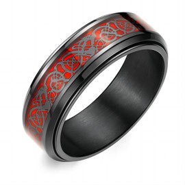 Adreamz 8mm Black Stainless Steel Anxiety Ring for Women Men Fidget Spinner Ring Beveled Edge Red Celtic Dragon Inlay Comfort Fit Wedding Band, Stainless Steel, No Gemstone