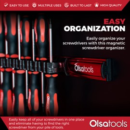Olsa Tools Magnetic Screwdriver Organizer - Screwdriver Holder with Strong Magnets and Foam Backing - Professional Tool Holder and Tool Organizer - Stores up to 16 Screwdrivers - Red - Part: 1008