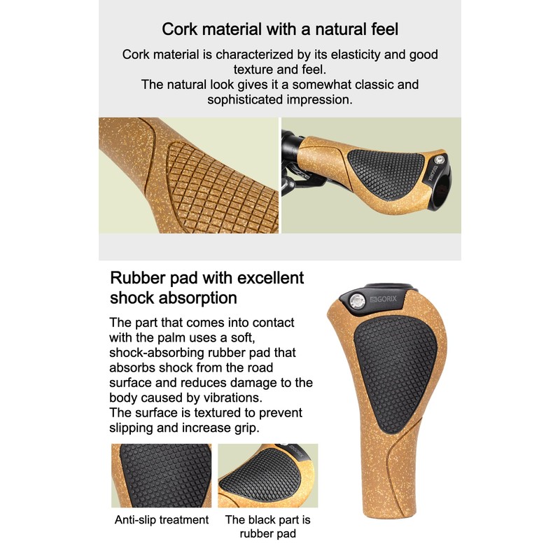 GORIX Bike Ergo Grips Cork Bar End Lock On Handlebar