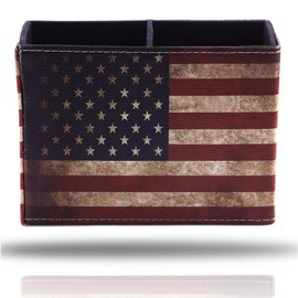 koofull American Flag Desk Organizer, PU Leather Retro Vintage Cool Supplies, Patriotic Decor Pen Pencil Holder Office Home Accessories (USA Flag)