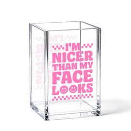 YAZMEEN Sarcastic Coworker Gift Acrylic Pen Holder - I'm Nicer Than My Face Looks Desk Organizer - Office & Home Desk Accessories - Funny Office Gift for Women, Teachers, Nurses