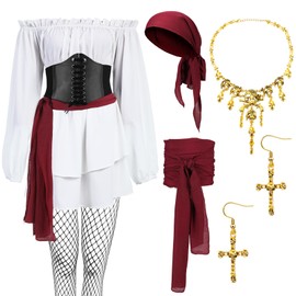 7 Pcs Women Pirate Costume Blouse Top Corset Waist Belt Pirate Bandana Waist Belt Skeleton Necklace Earrings Fishnet Stocking