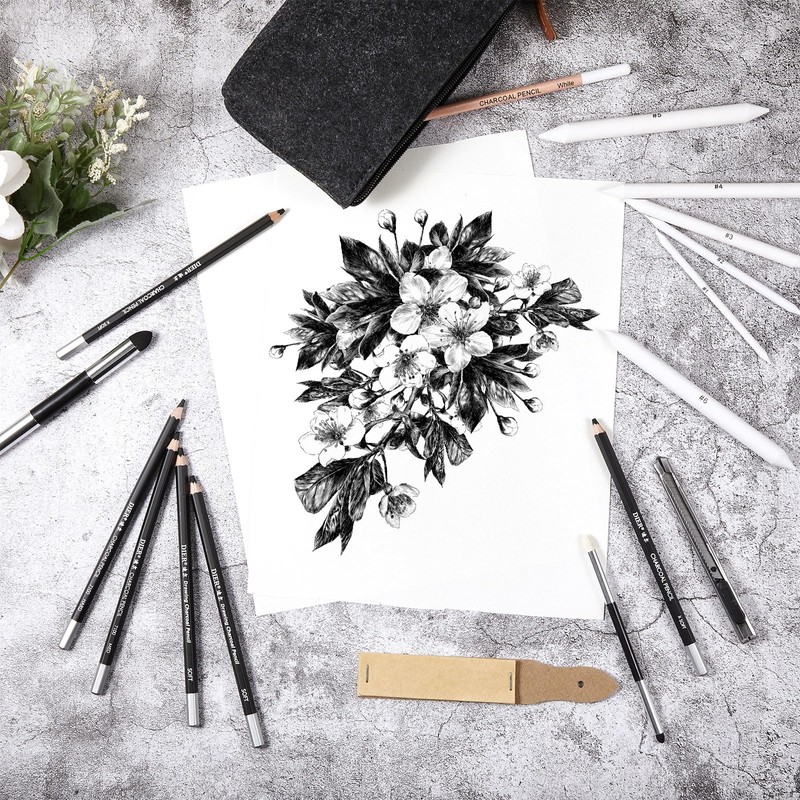 Kosiz 18 Pcs Charcoal Drawing Set Sketch Kit Black Charcoal