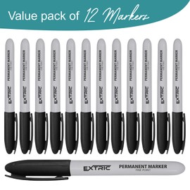 EXTRIC Permanent Markers Black, 12 Count Fine Point Markers, Quick Drying, Works on wood, Paper, Plastic, Metal and Glass, for Home, Office and School use