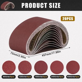 20 Pieces Sanding Belt Belt Sander 75 x 457 mm Sanding Belts Grain 80/120/150/240/400 Sanding Belt Set for Belt Sander Sanding Machine for Sanding, Filing, Sharpening and Rust Removal