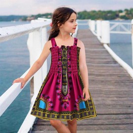 Toddler Baby Girls African Dashiki Dress Kids Boho Backless Halter Ethnic Bohemia Outfit Little Girl Summer Clothes (Fuchsia,6-7Years)