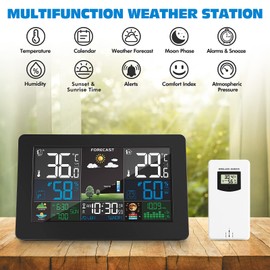 VOKSUN Wireless Weather Station with Outdoor Sensor, Digital Colour Display, Wireless Weather Station, DCF Radio-Controlled Weather Station, Wireless Weather Station with Weather Forecast, 60 m
