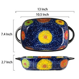 Bicuzat Vintage Style Pottery Bakeware Colorful Daisy Pattern Ceramic Casserole Dish Baking Pan Lasagna Pans Baking Dish with Handles from Oven to Table Plate-1 PCS, 60 OZ