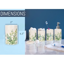 NAT & Jules Chic Modern Rounded 4.5 inch Ceramic Bathroom Accessories Set of 4 - Home Décor & Organization Perfect for Bath or Kitchen Household Essentials, Floral Greenery on Cream White