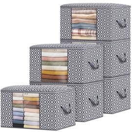 StorageTastic Direct 100L Storage Containers, Large Clothes Storage Bins Foldable Organization and Storage Bags with Reinforced Handle, Clear Window for Bedding, Blankets, Clothing, 6 Pack, Grey