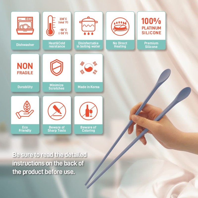 RECOHOME Reusable Long Silicone Cooking Chopsticks with Spoon 12 Inches