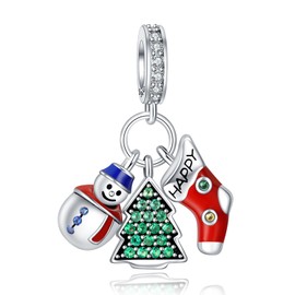 LaMenars Snowman and Christmas Hat Sterling Silver Charm Christmas Tree Pendant, Beads for Girls Gifts for Women Necklace & Bracelet, Cubic Zirconia