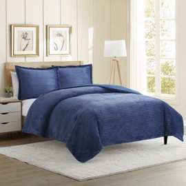 Nestl Premium Flannel Duvet Cover Set - 3 PC Reversible Full Comforter Cover Set with Microfiber Back - 1 Velvet Duvet Cover Full with Zipper Closure & 2 Pillow Shams 80 x 90 inches - Navy Blue