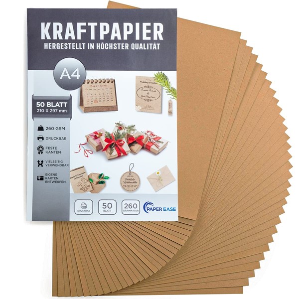 Paper Ease Kraft Paper A4 260 g - 21 x 29.7 cm, Pack of 50 - Natural Cardboard Paper in Exact DIN Format - Perfect for Painting, Printing, Crafts & Vintage Style Wedding Gifts (Kraft Paper)